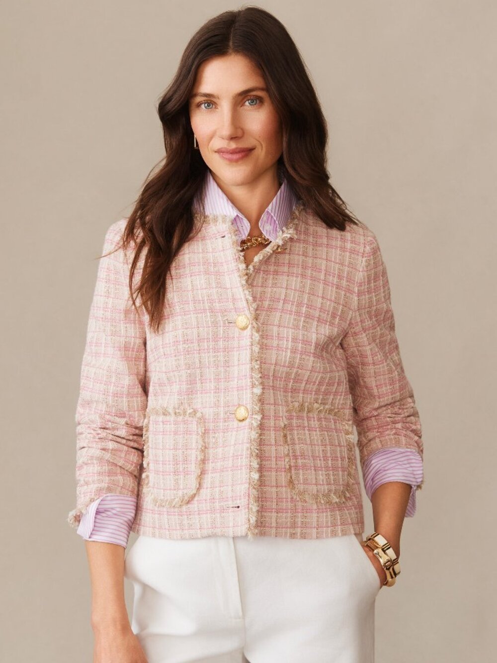 J McLaughlin Abigail Bouclé Jacket in Mini Window Pane - Neutral/Pink NEW